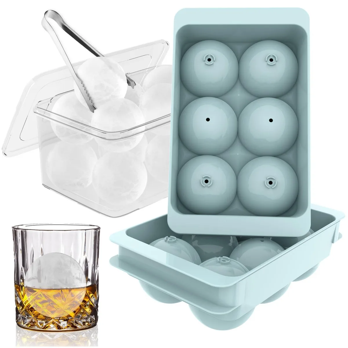  WIBIMEN 2in 2-Pack Round Ice Cube Tray with Bin &amp; Tongs — 12 × 1.9-Inch Spheres — product photo