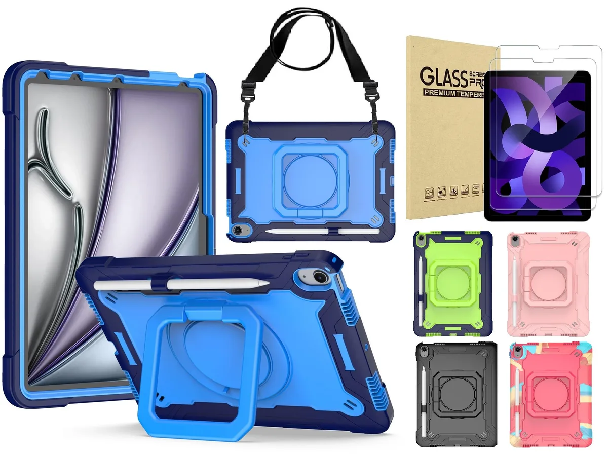 anicestore anicestore iPad Air 10.9" Rugged Case with 360° Stand, Strap &amp; 2 Glass Protectors (Blue) — product photo