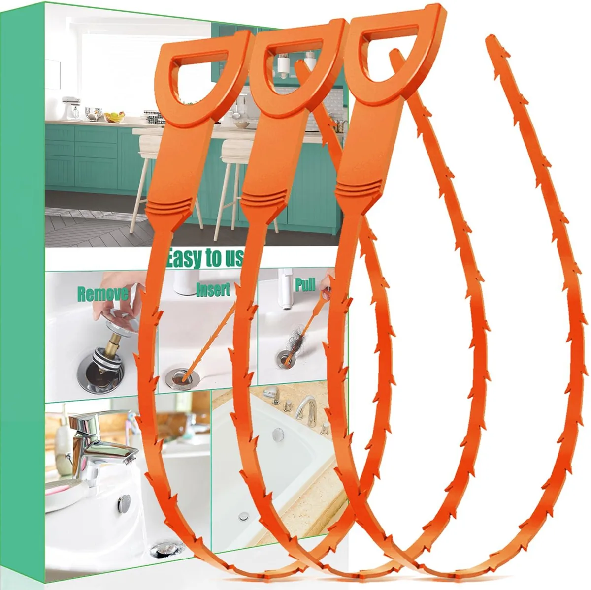 Three flexible white plastic drain snakes with barbed ends and loop handles, 20 inches long
