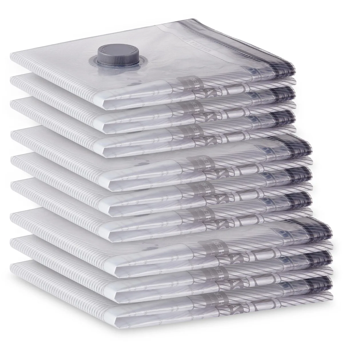 Nine gray vacuum storage bags in three sizes, long-side opening, semi-transparent finish