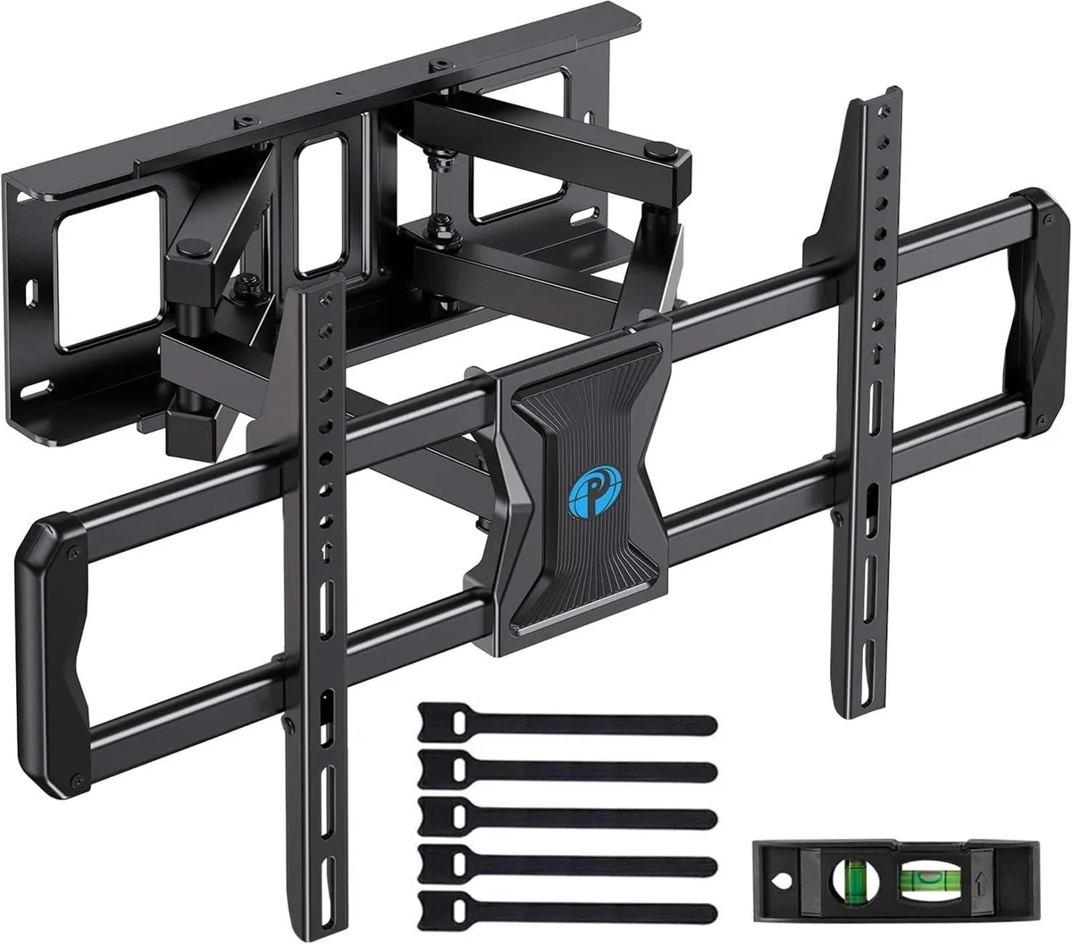 Black full-motion TV wall mount with dual articulating arms, compact rectangular wall plate, matte finish