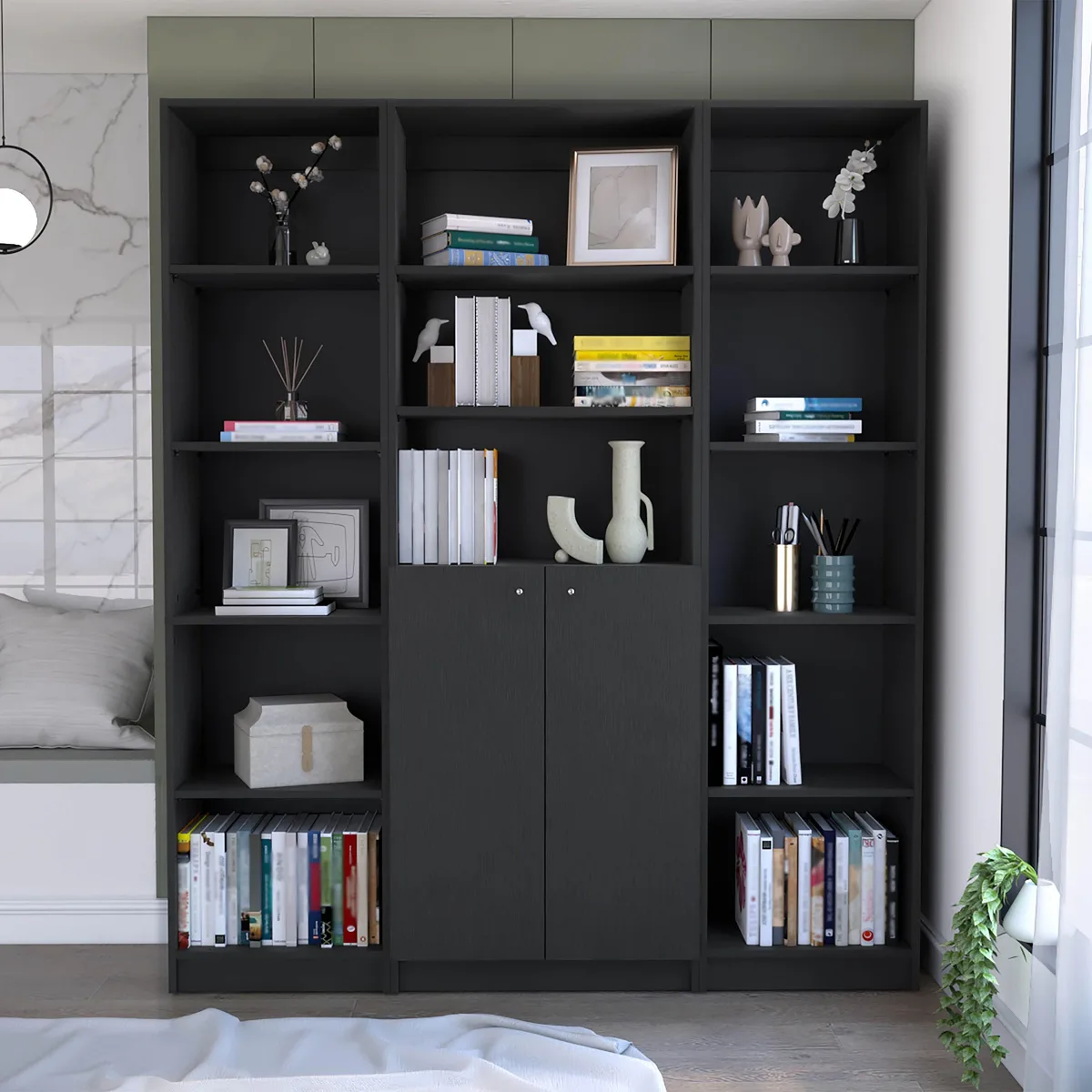FM FURNITURE FM FURNITURE Tatum 3 Piece Living Room Set with 3 Bookcases, Black — product photo