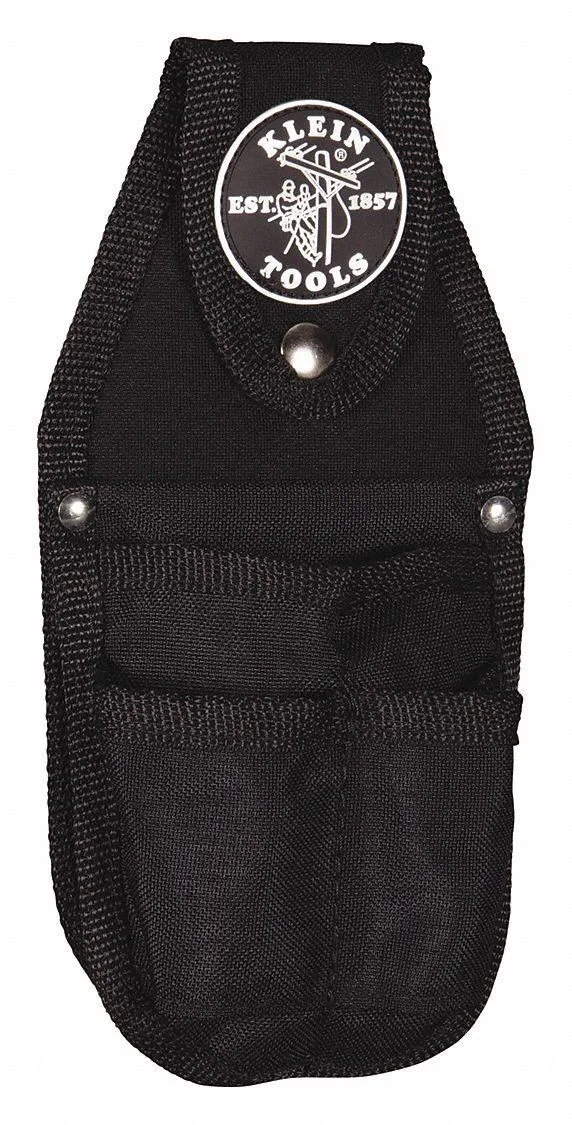 Black Cordura tool pouch with four open front pockets, belt slot attachment