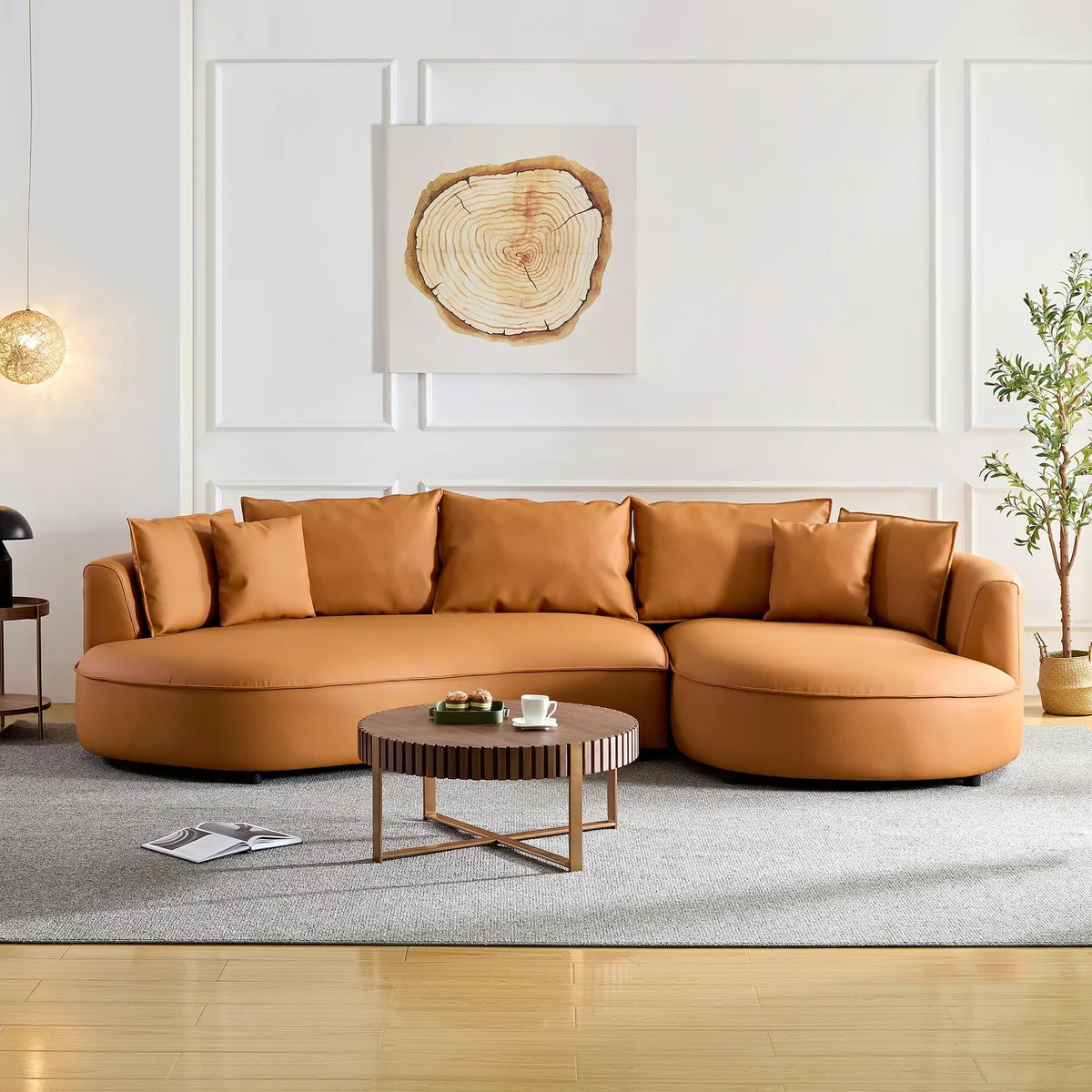 Orange bonded-leather 5-seat curved sectional sofa with black plastic legs