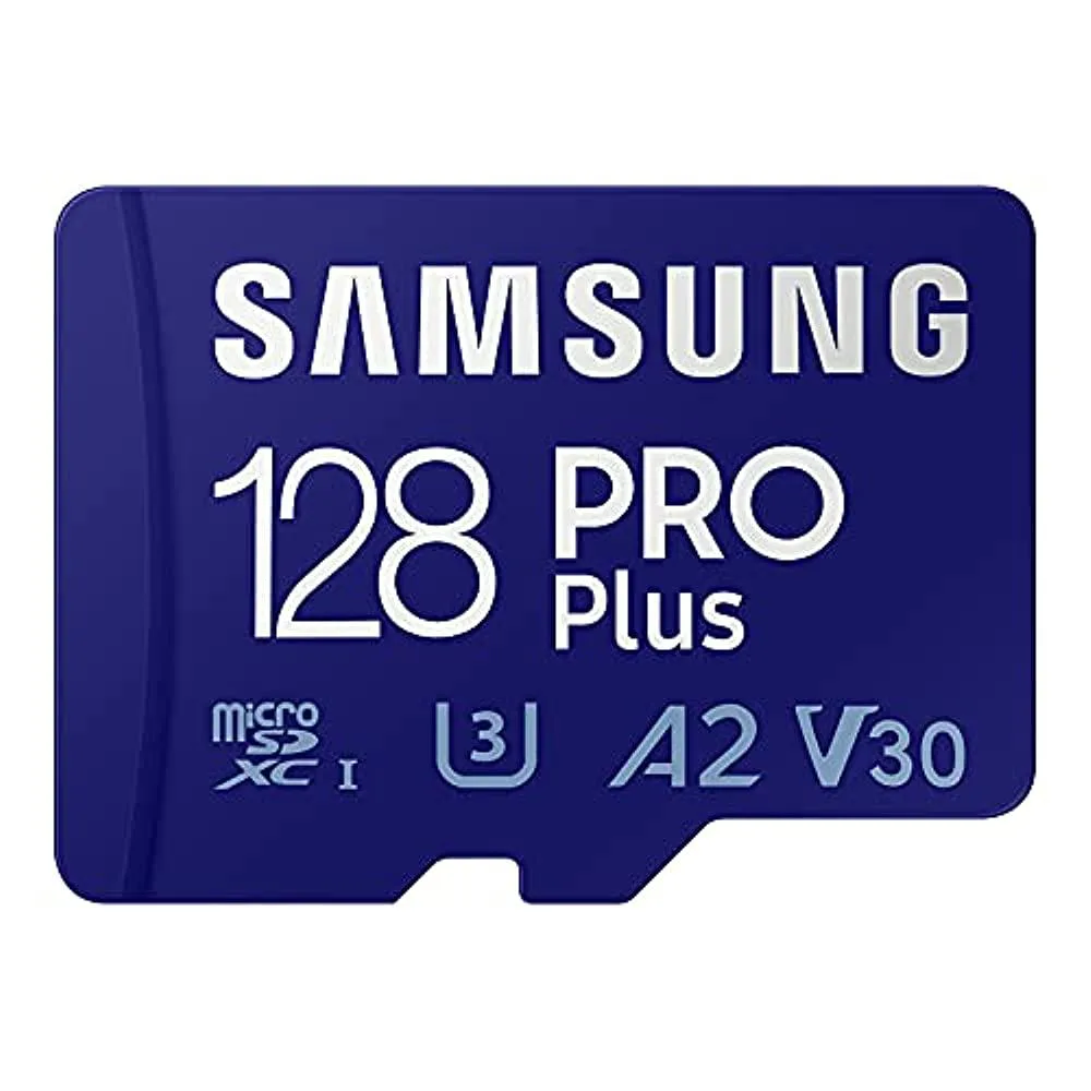 A small black microSD card with white Samsung lettering
