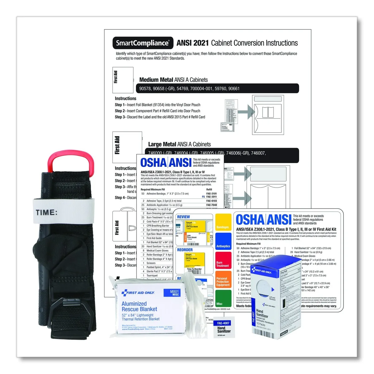 Plastic bag kit with tourniquet, blanket, sanitizers, labels 2021