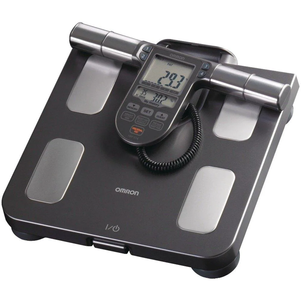 Black rectangular bathroom scale with retractable handheld display unit and four AA batteries included
