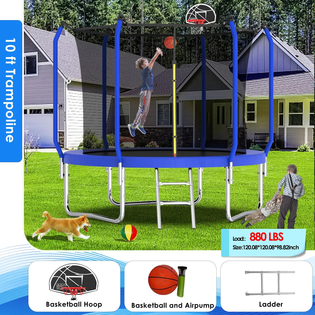 MERSCO MERSCO 10 ft Trampoline with Basketball Hoop, Air Pump, Enclosure Net &amp; Ladder — product photo