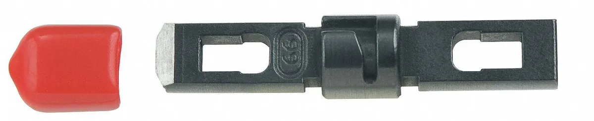 Small metal punchdown blade with reversible ends and red protective cap