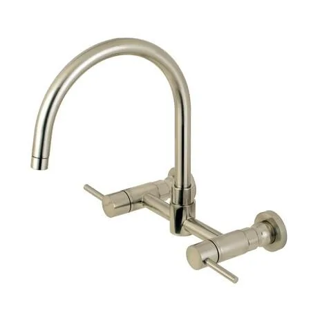 Brushed nickel 8-inch centerset wall-mount kitchen faucet with cylindrical spout