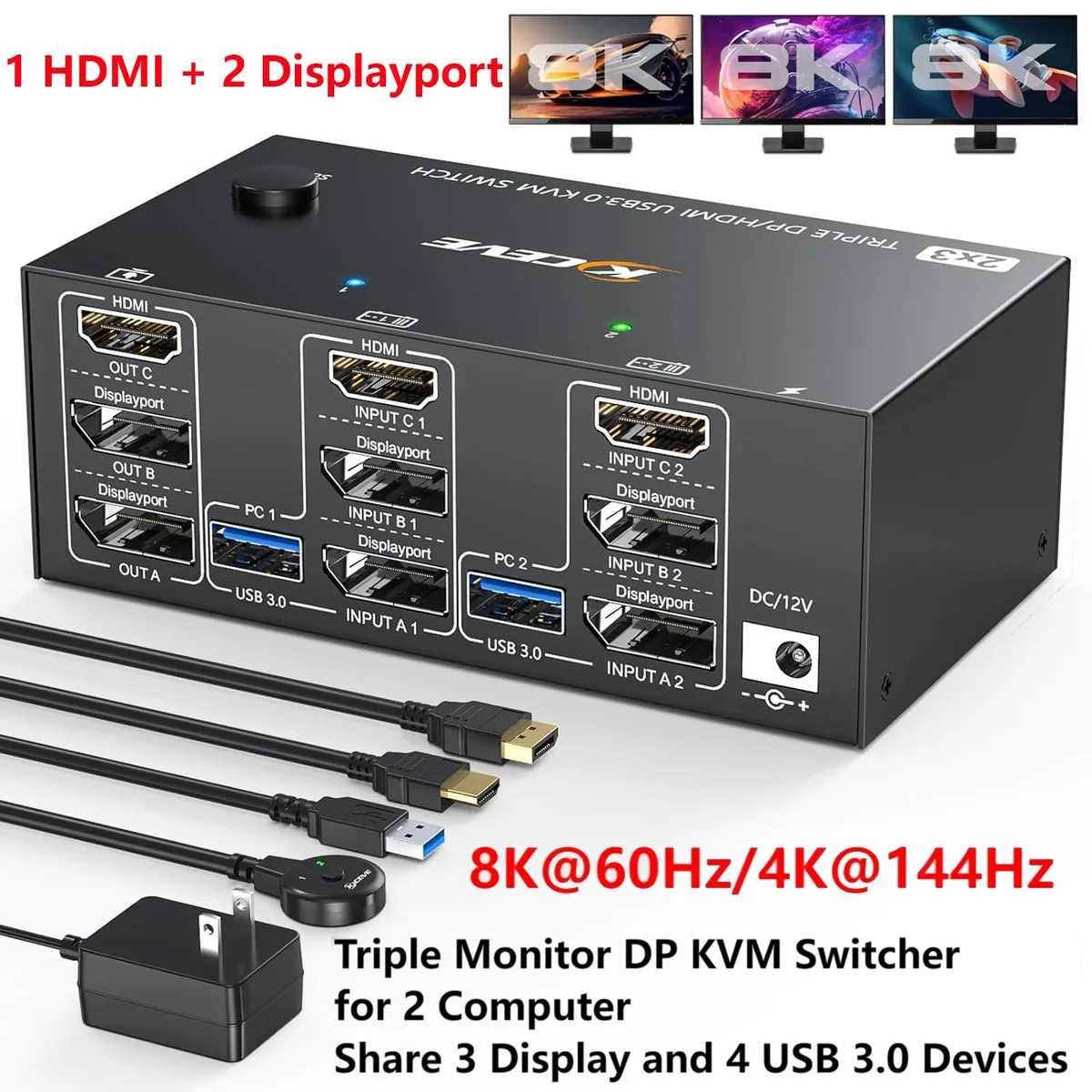 Hitoor Hitoor KVM Switch 3 Monitors 2 Computers 8K@60Hz 4K@144Hz 1 HDMI + 2 DisplayPort — product photo