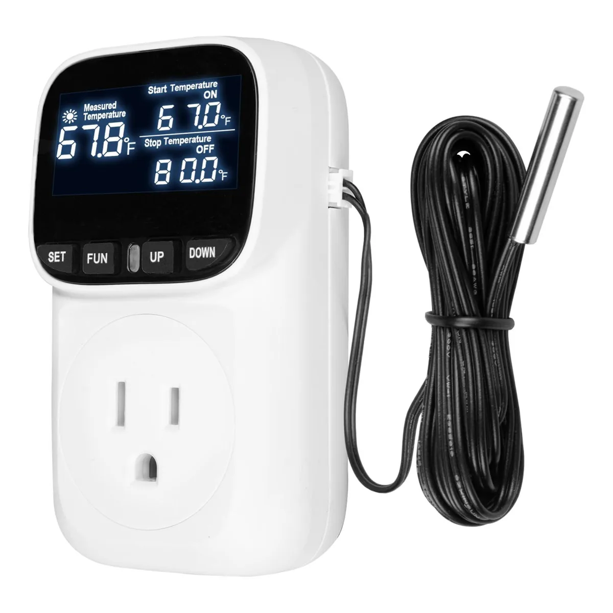 Twelve white rectangular thermostat outlet plugs with LCD screens and front buttons