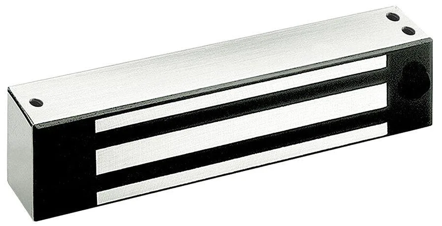 Silver rectangular electromagnetic lock body with face-mount strike plate, stainless steel finish
