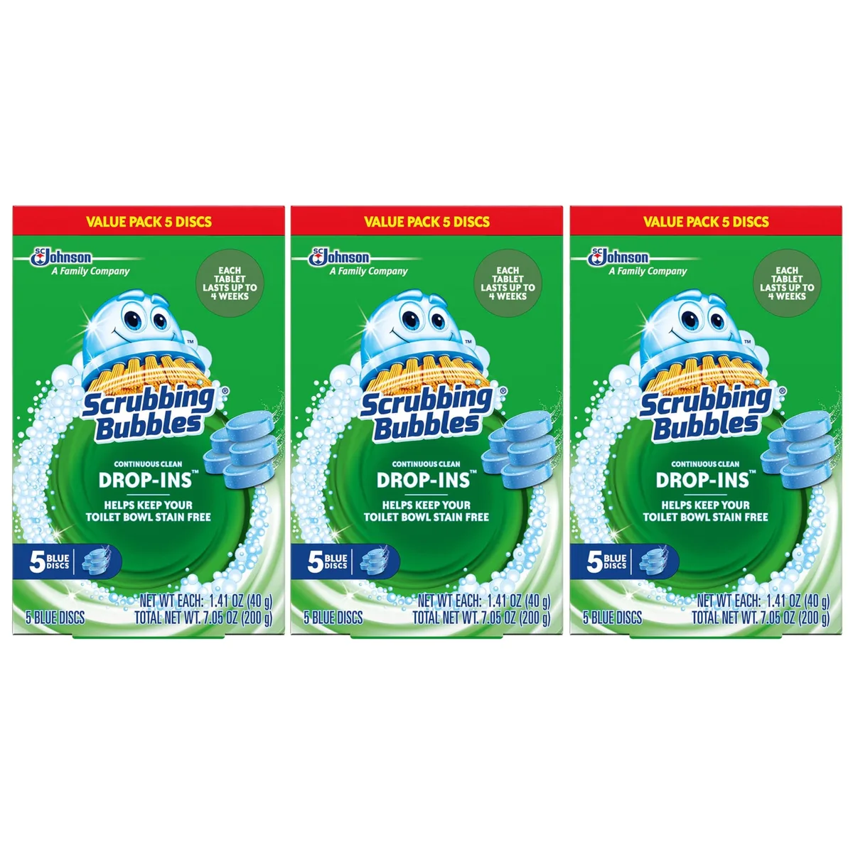 A white rectangular box with blue text showing toilet cleaning tablets inside