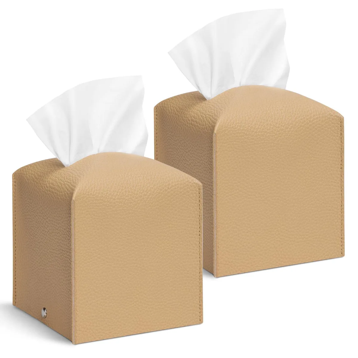 Two square cream PU leather tissue box covers, 5.12 inches each, with belt closures
