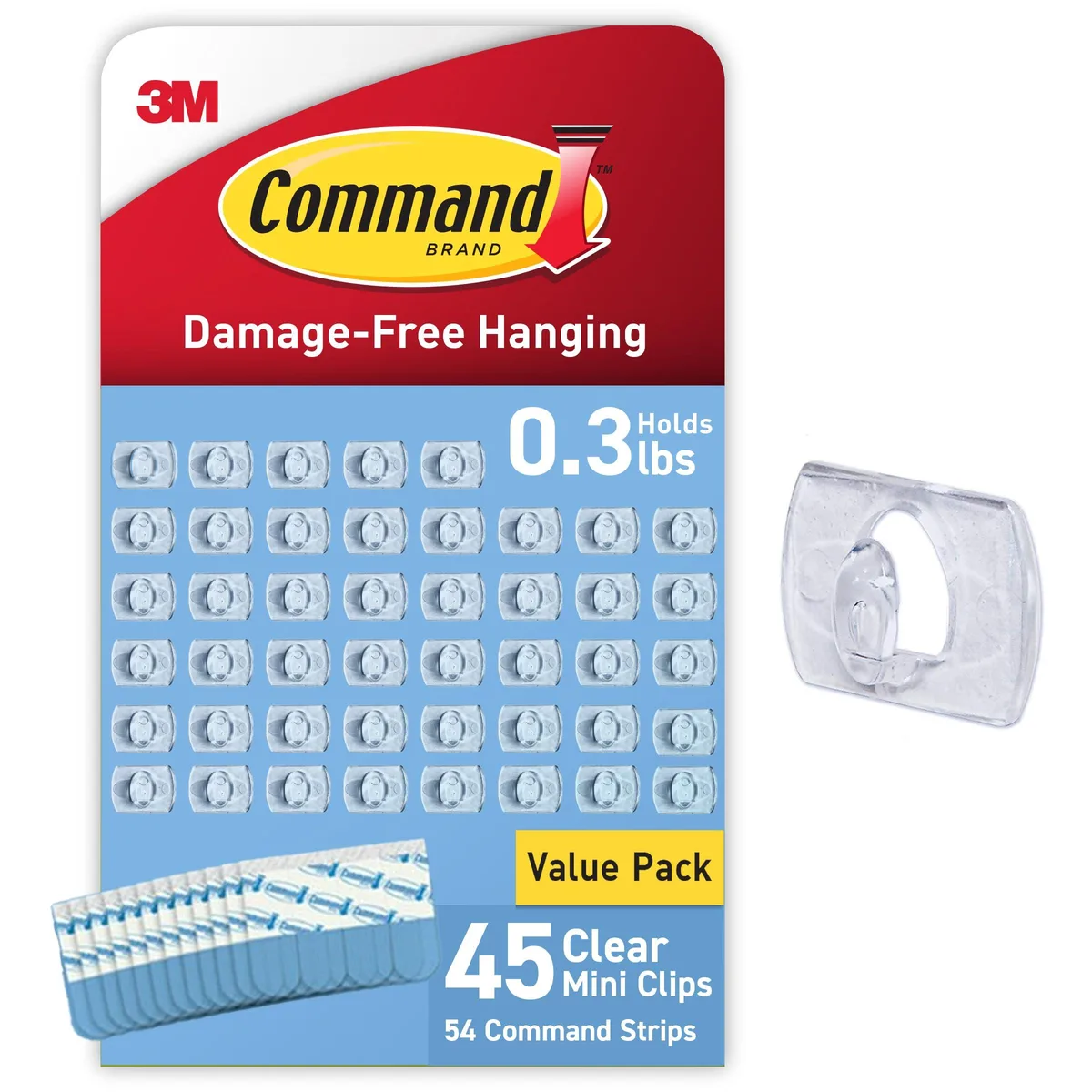 Clear plastic mini light clips and adhesive strips in bulk packaging