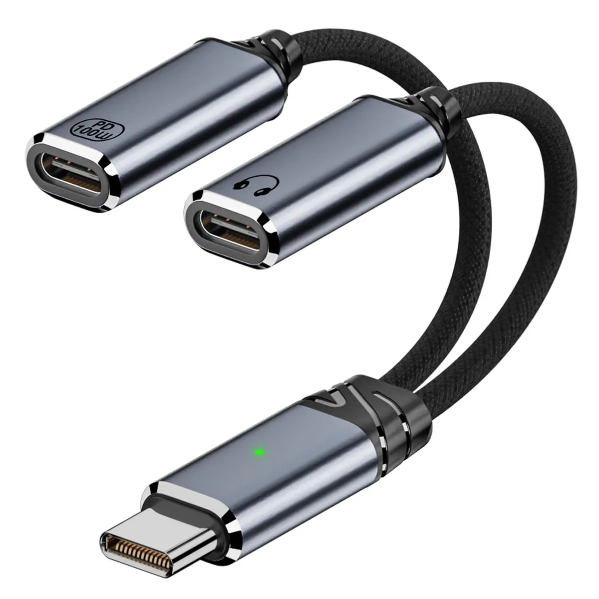 Grey USB-C splitter with two female ports and short braided cable