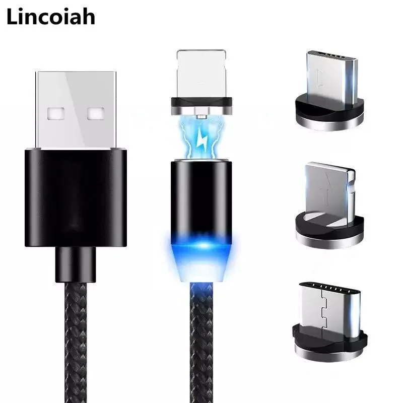 Black magnetic connector tip with 8-pin micro-USB plug attached to a one-metre USB-A cable