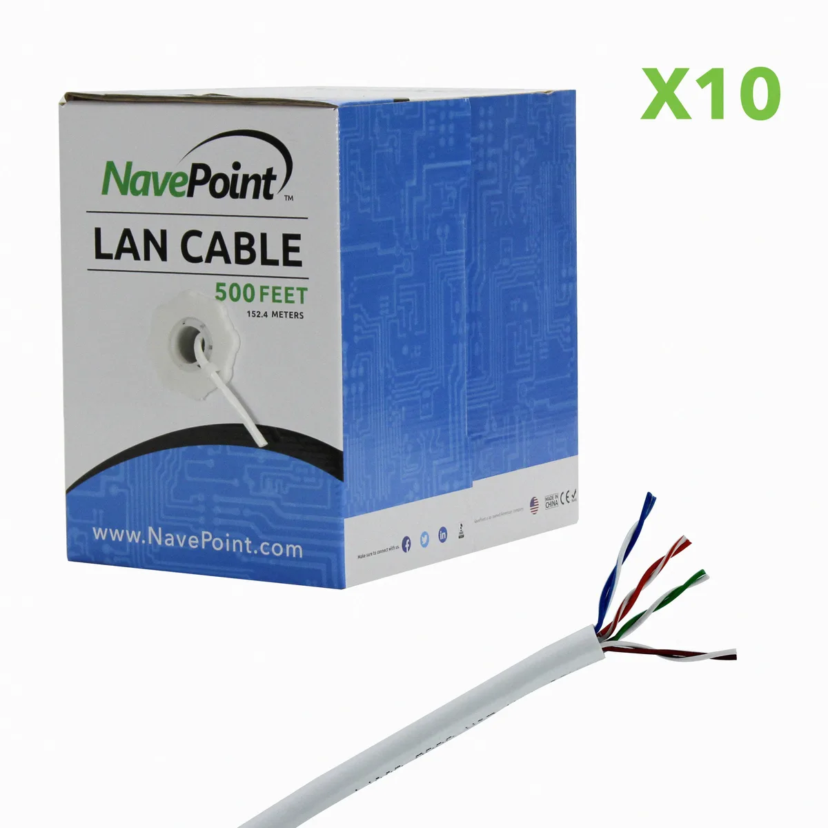 NavePoint NavePoint CAT5e UTP CCA Ethernet bulk cable 500 ft 10-pack White — product photo