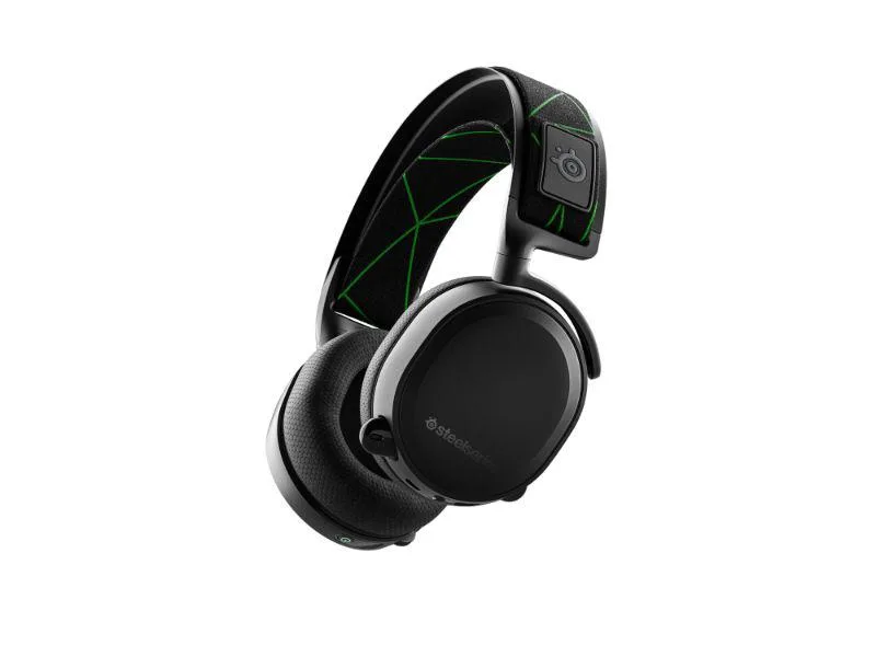 Black wireless gaming headset with steel headband and elastic ski-goggle strap, USB-C dongle included