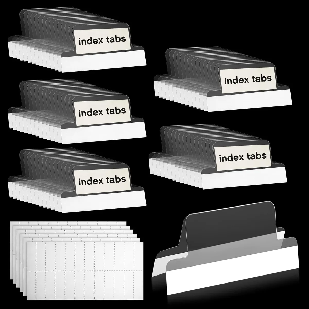 One hundred clear plastic index tabs with white inserts on a sheet