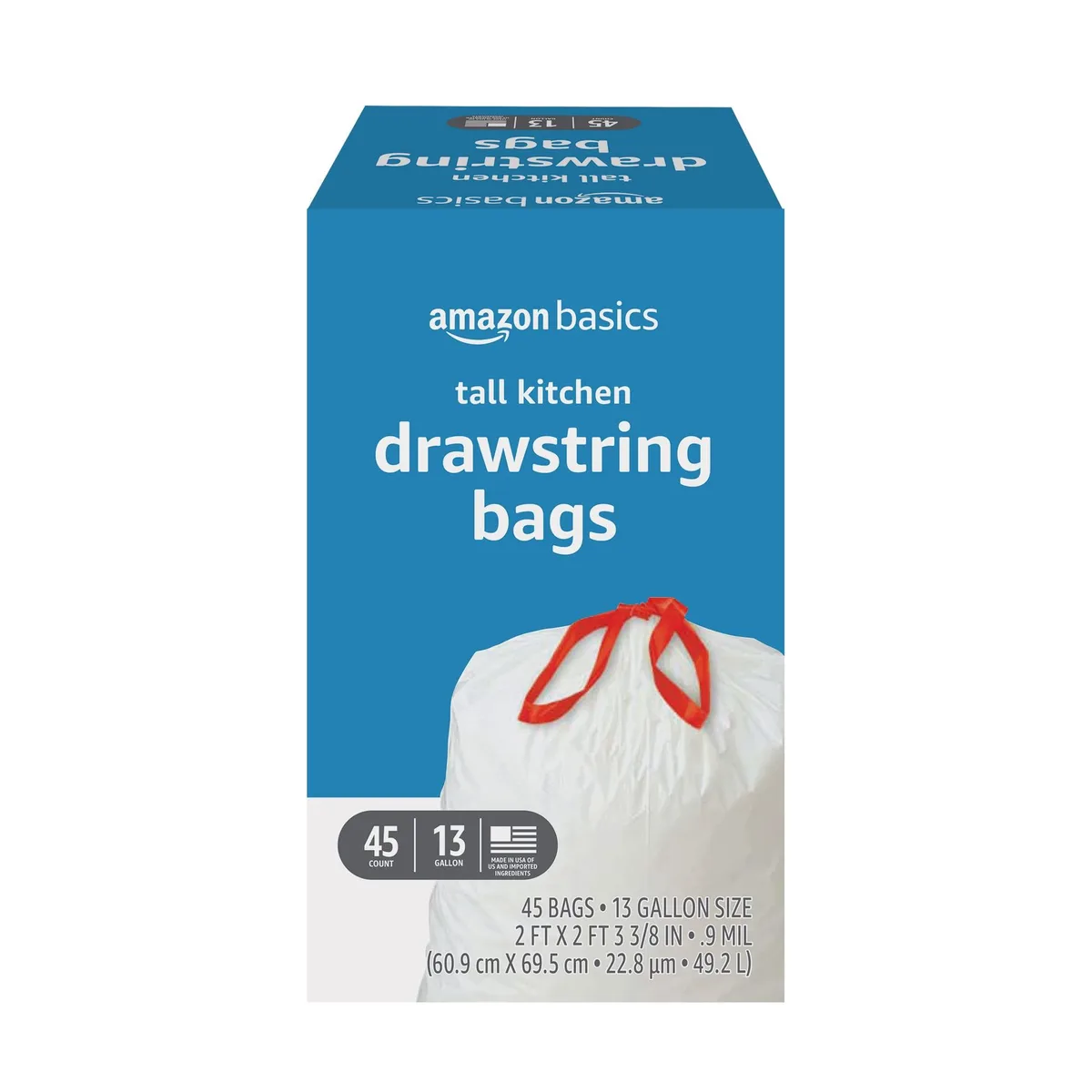 White plastic drawstring trash bag roll, 13 gallon capacity
