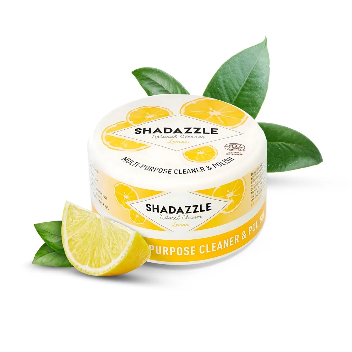 White tub of lemon-scented cleaning paste with sponge
