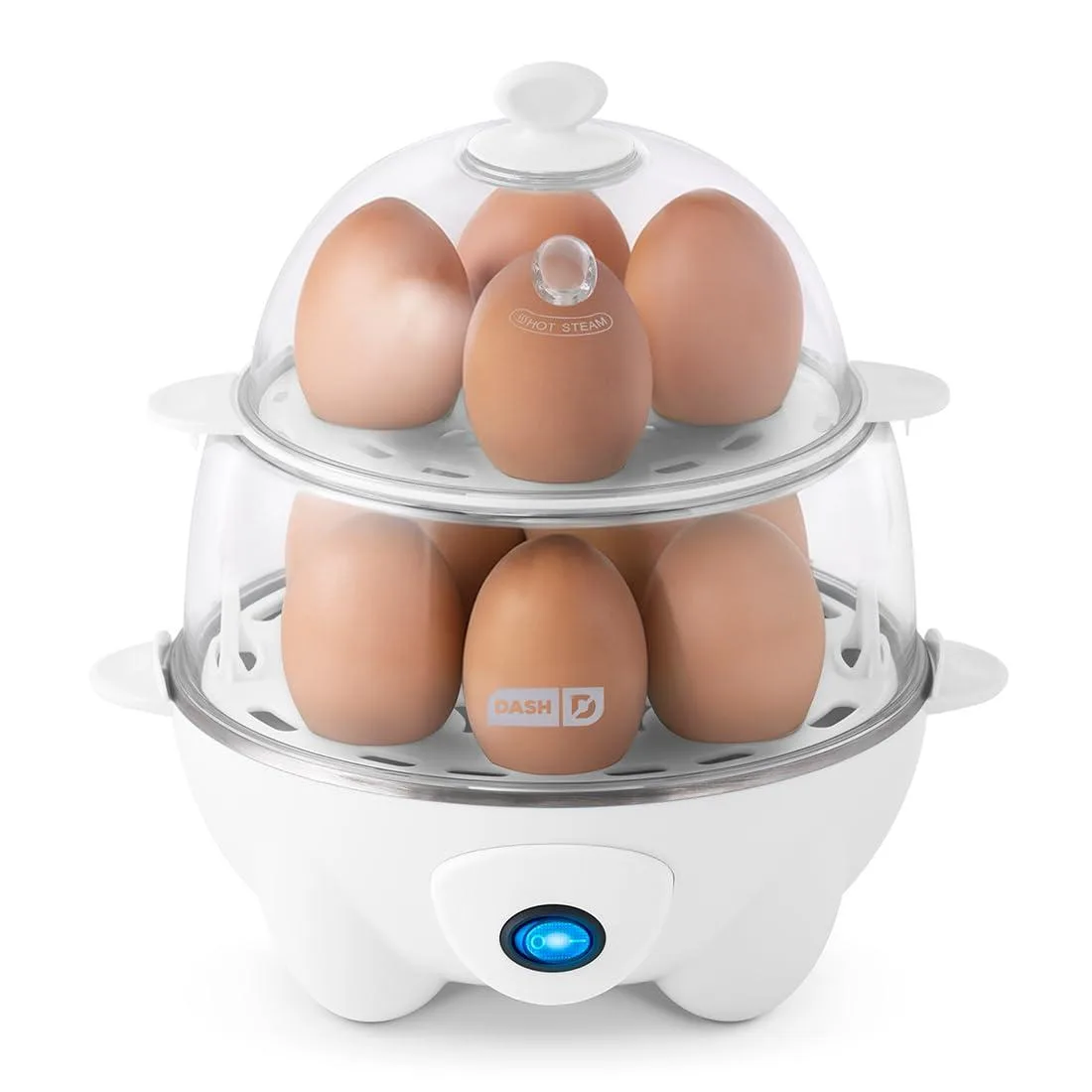 White electric egg cooker with 12-egg boiling tray, poaching tray, omelette bowl and measuring cup