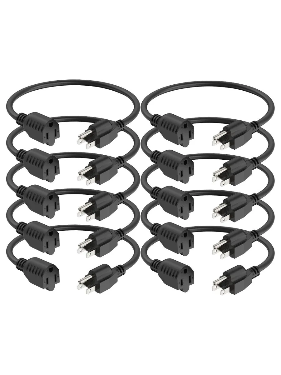  PLUGTUL 8 inch Power Extension Cord 10 Pack 16AWG SJTW 13A 1625W 125V ETL Black — product photo
