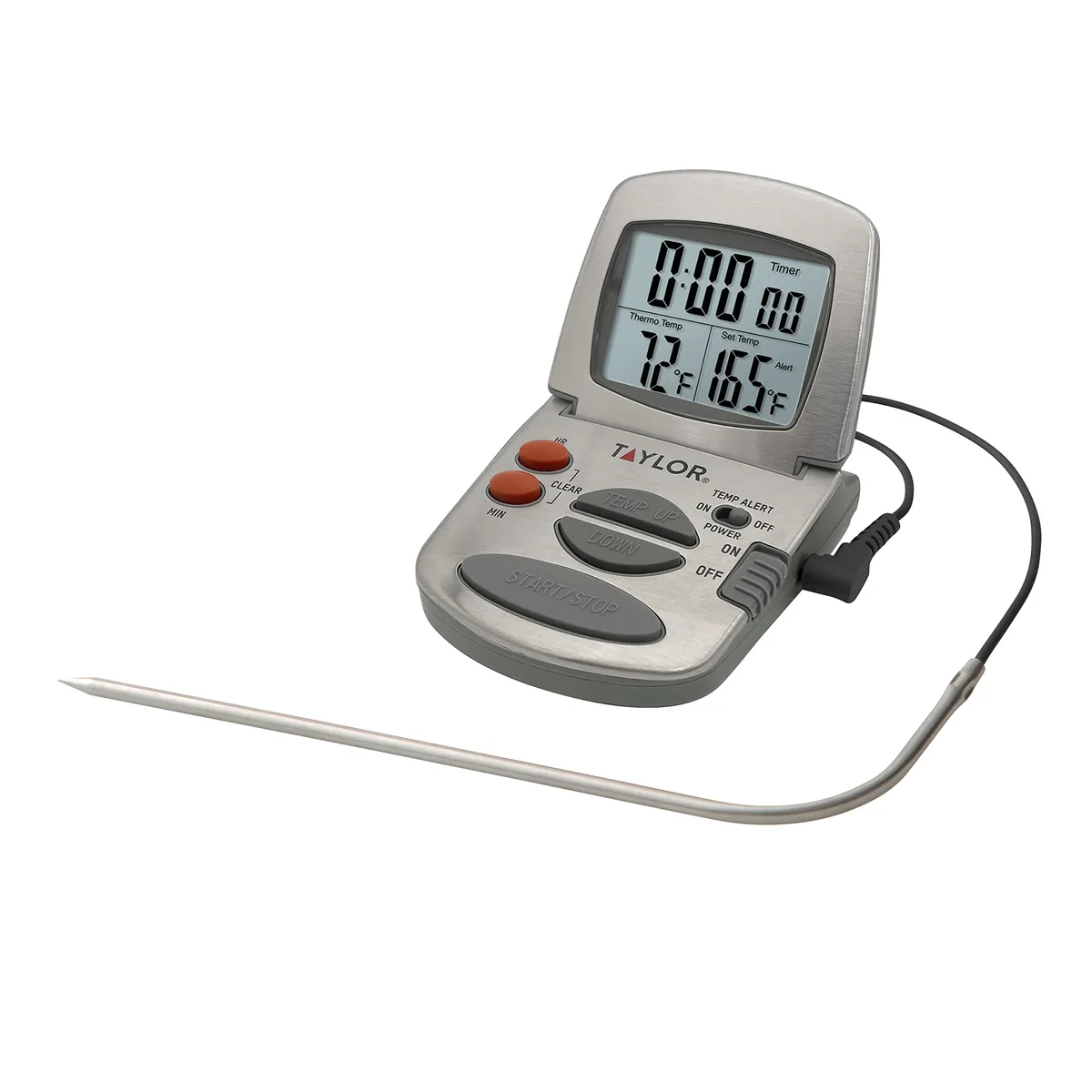 Silver digital thermometer with wired stainless steel probe and stand display