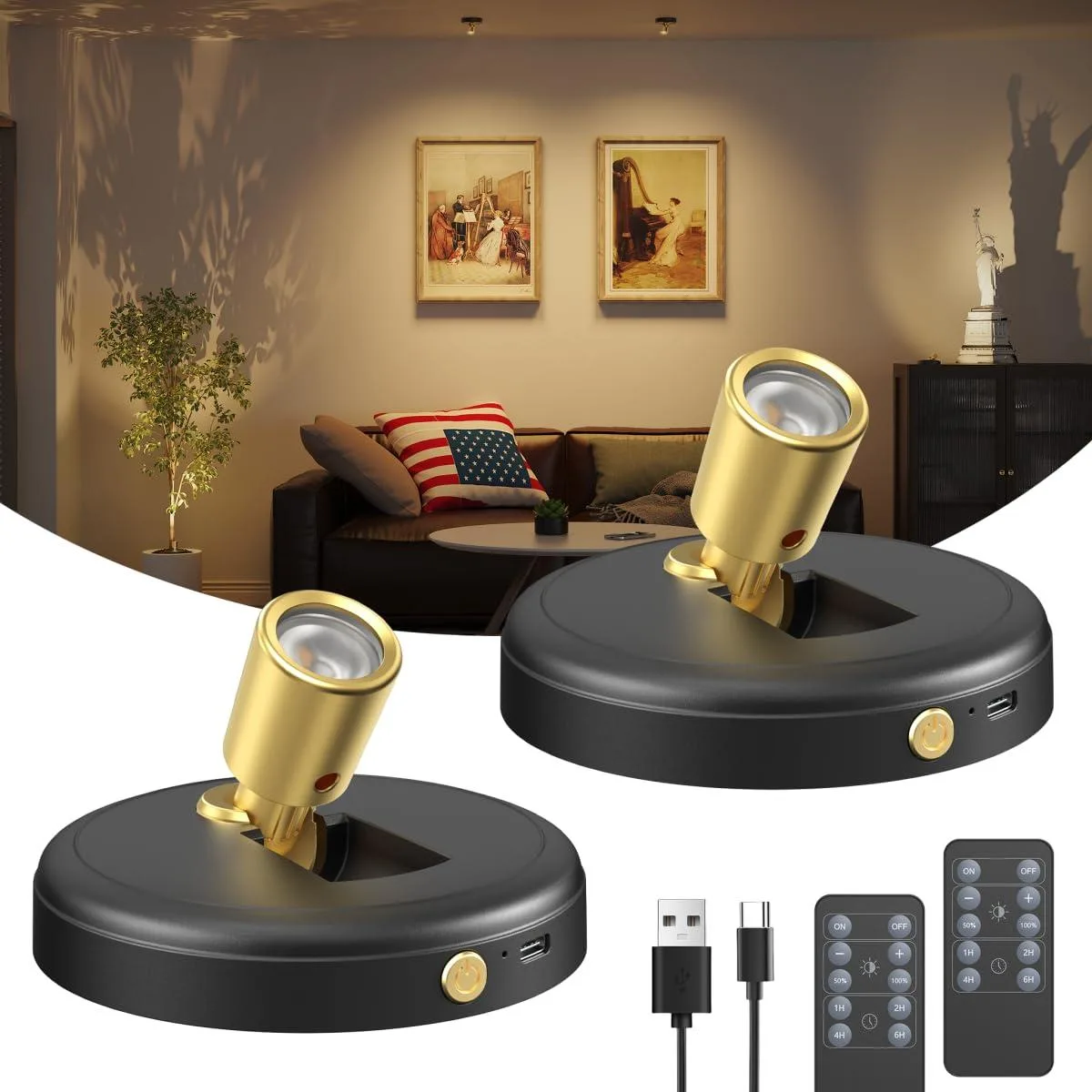 Two white wireless LED spotlights with clear prismatic lenses and a remote control