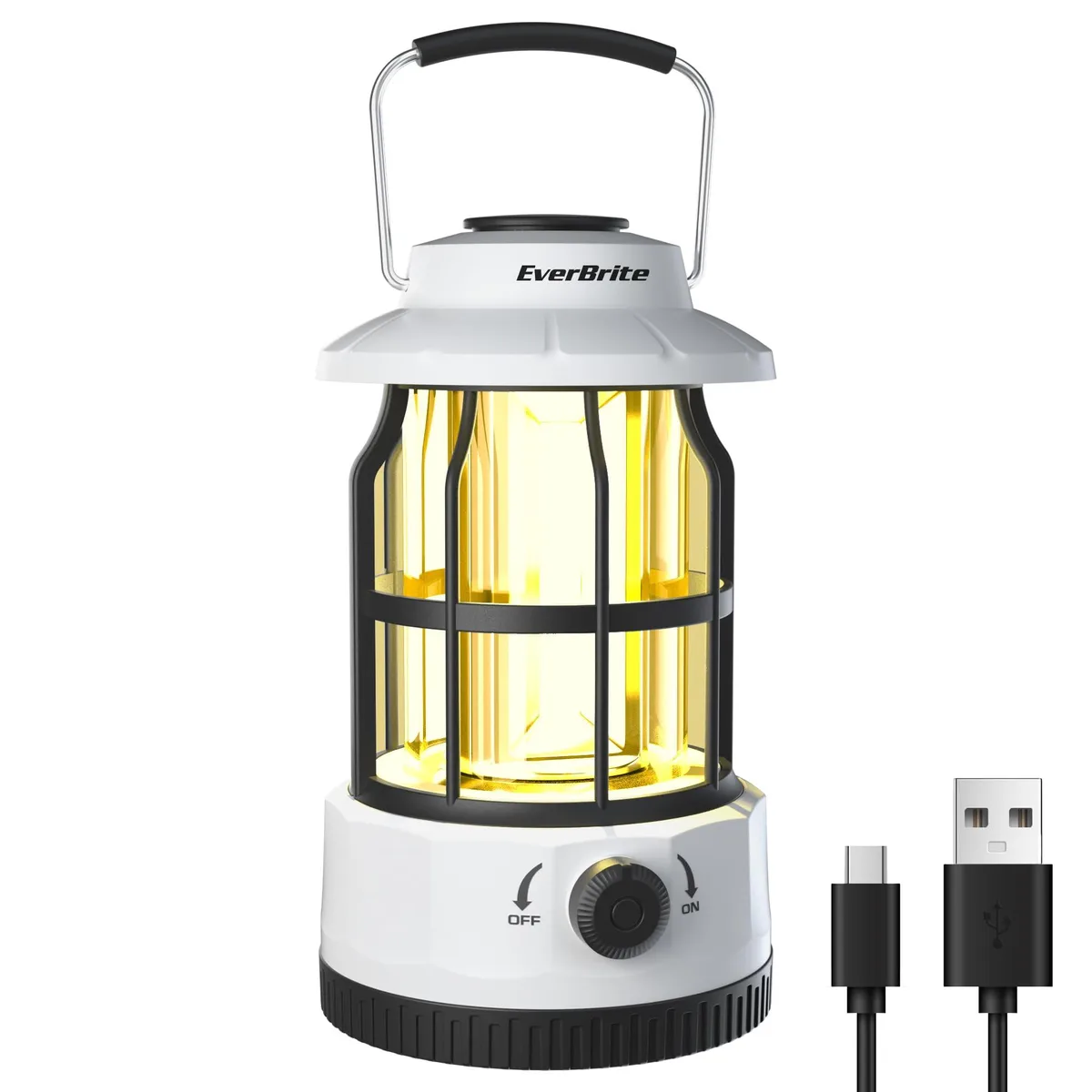 Black cylindrical LED lantern with top knob and hook, matte finish