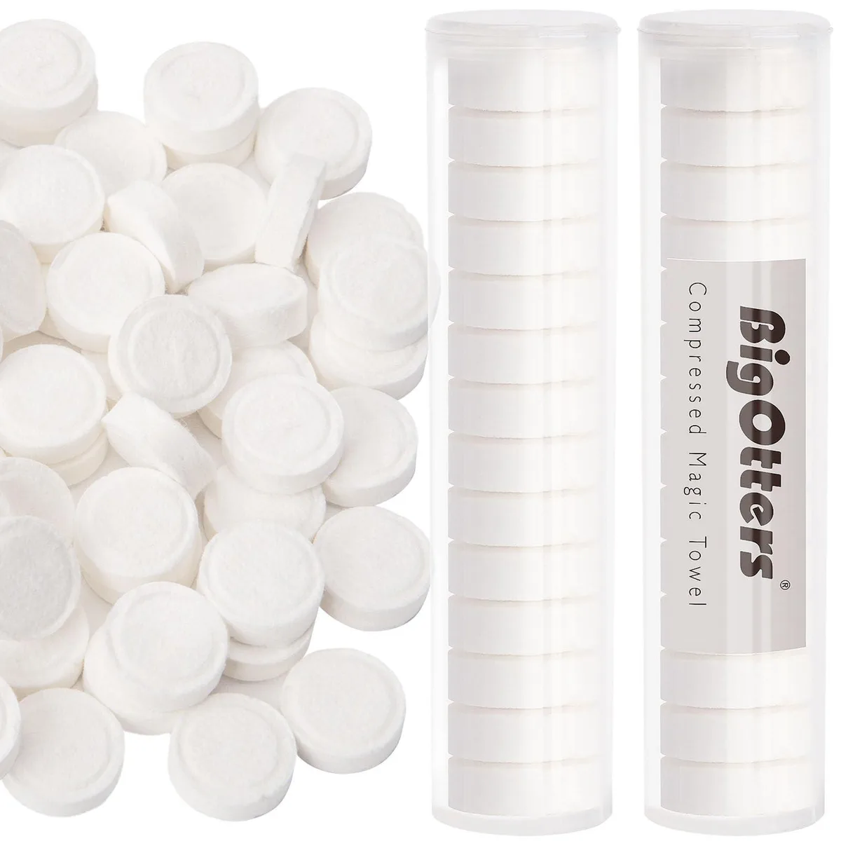 White compressed towel tablets in two storage tubes, pack of 100