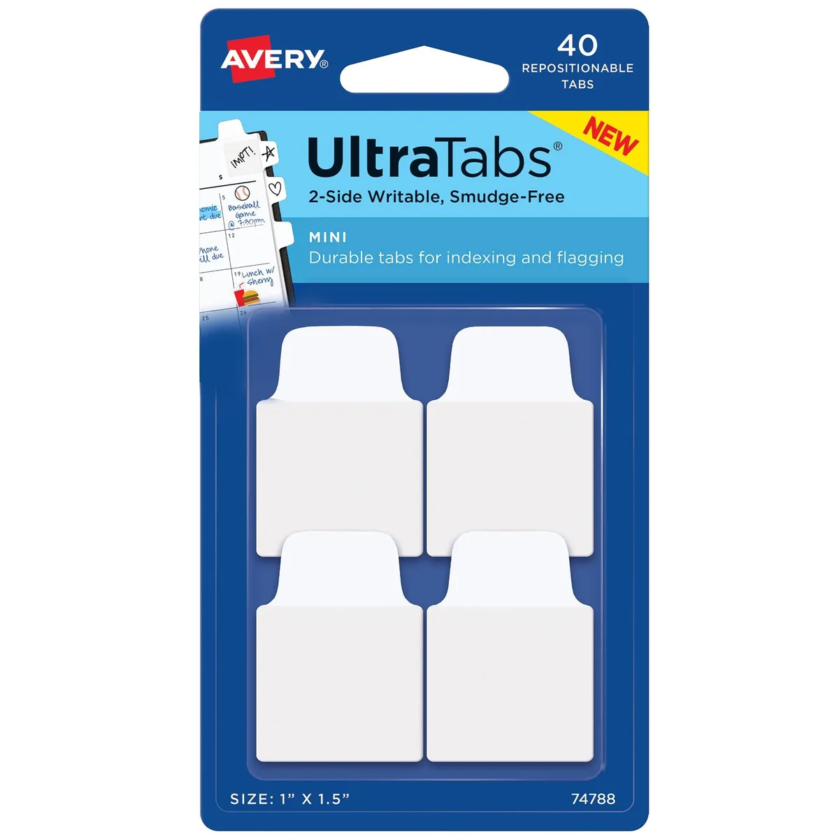 White plastic mini tabs, forty pieces, one by one point five inches