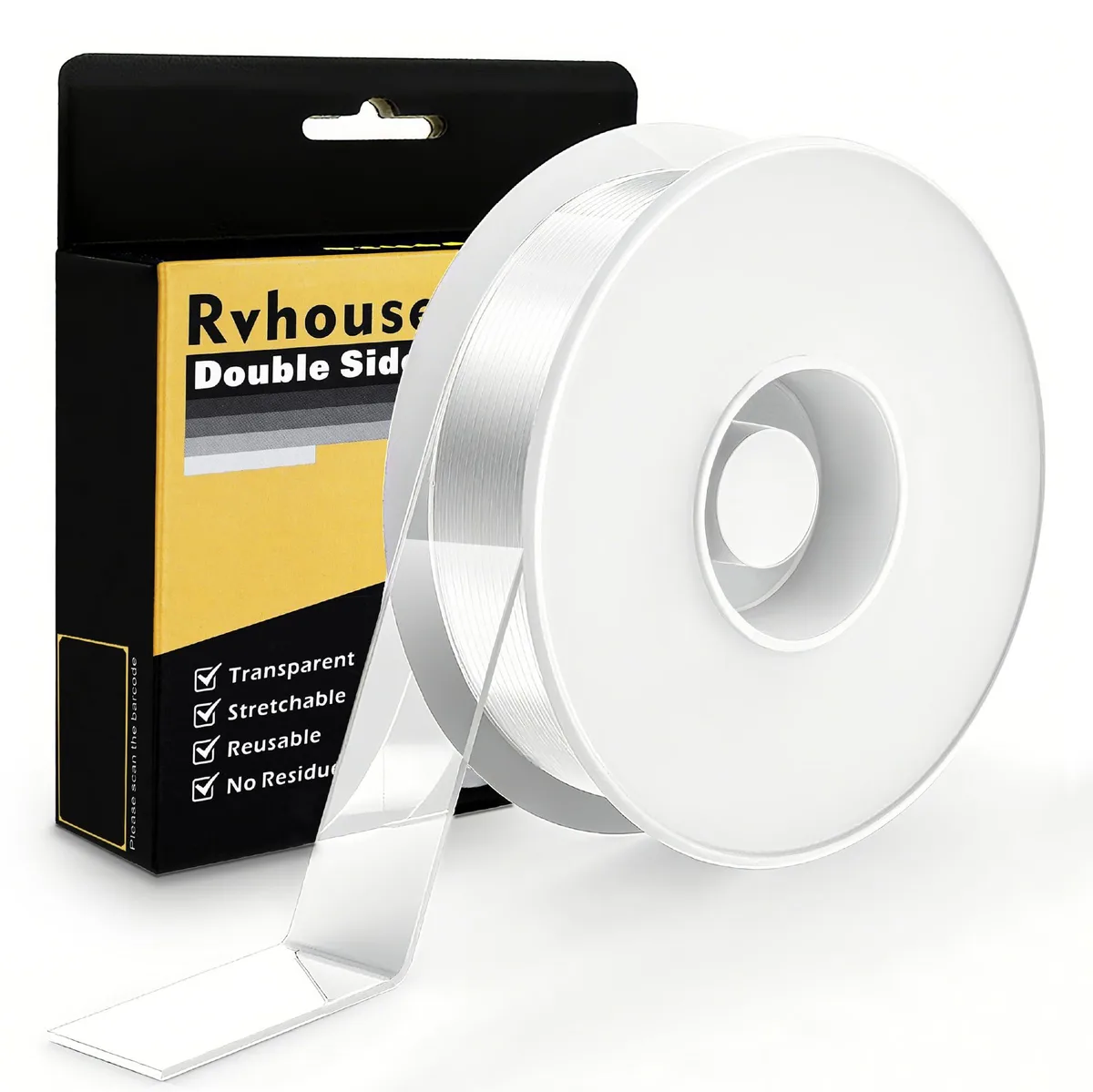 Clear double-sided tape roll in protective case, 1.18 inches wide by 80 inches long