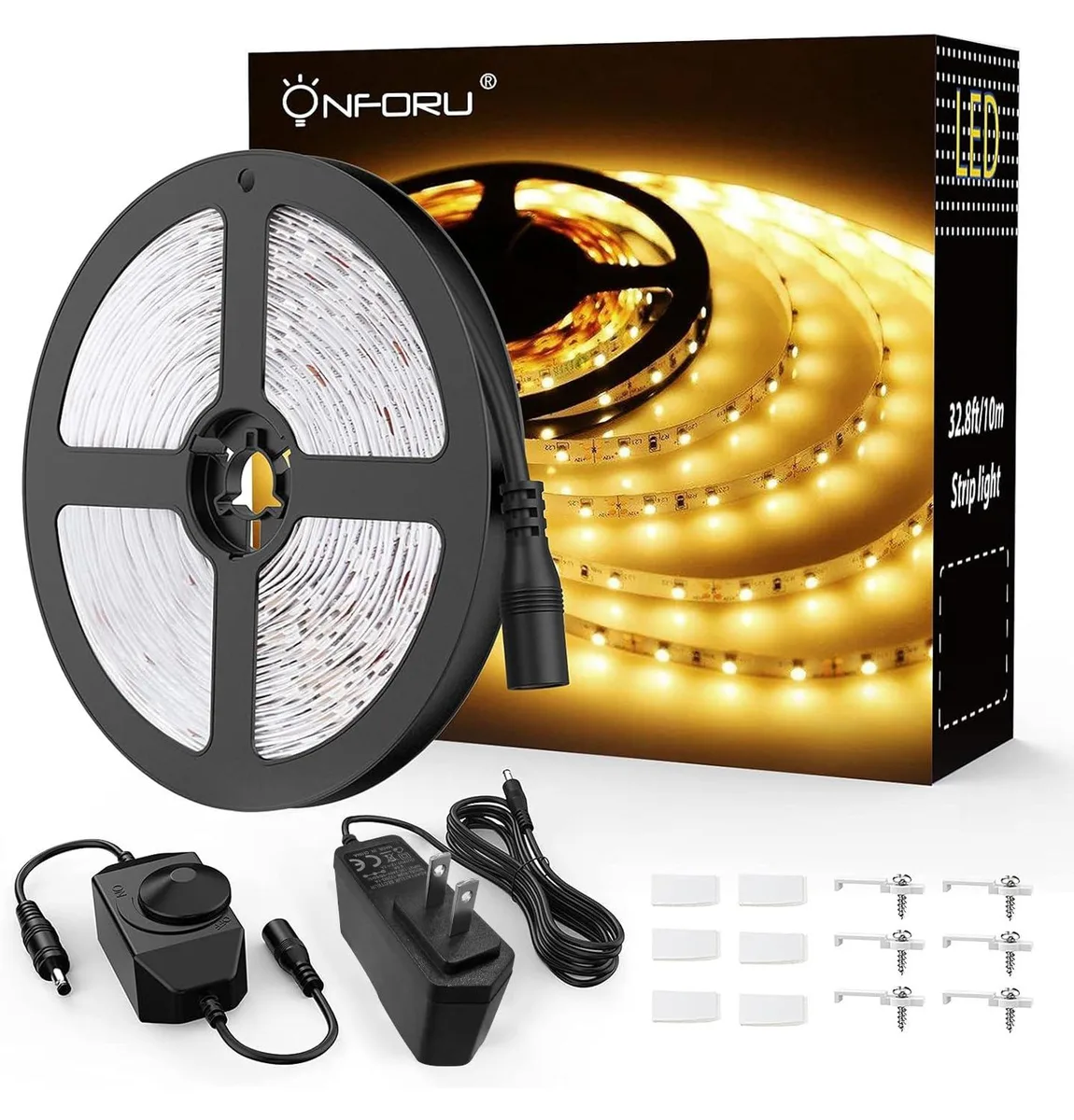 A 32.8ft flexible copper LED strip with 600 2835 LEDs on a 0.31in wide plastic backing, coiled on a roll
