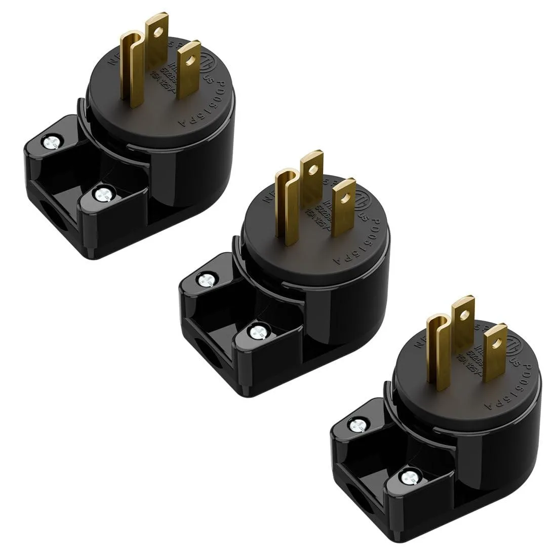 LORDWORLD LORDWORLD NEMA 5-15P Right Angle Plug 3-Pack 15A 125V 360° Rotatable ETL — product photo