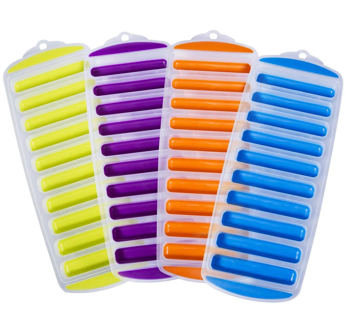 Four colourful silicone ice trays, each forming ten long sticks for bottles