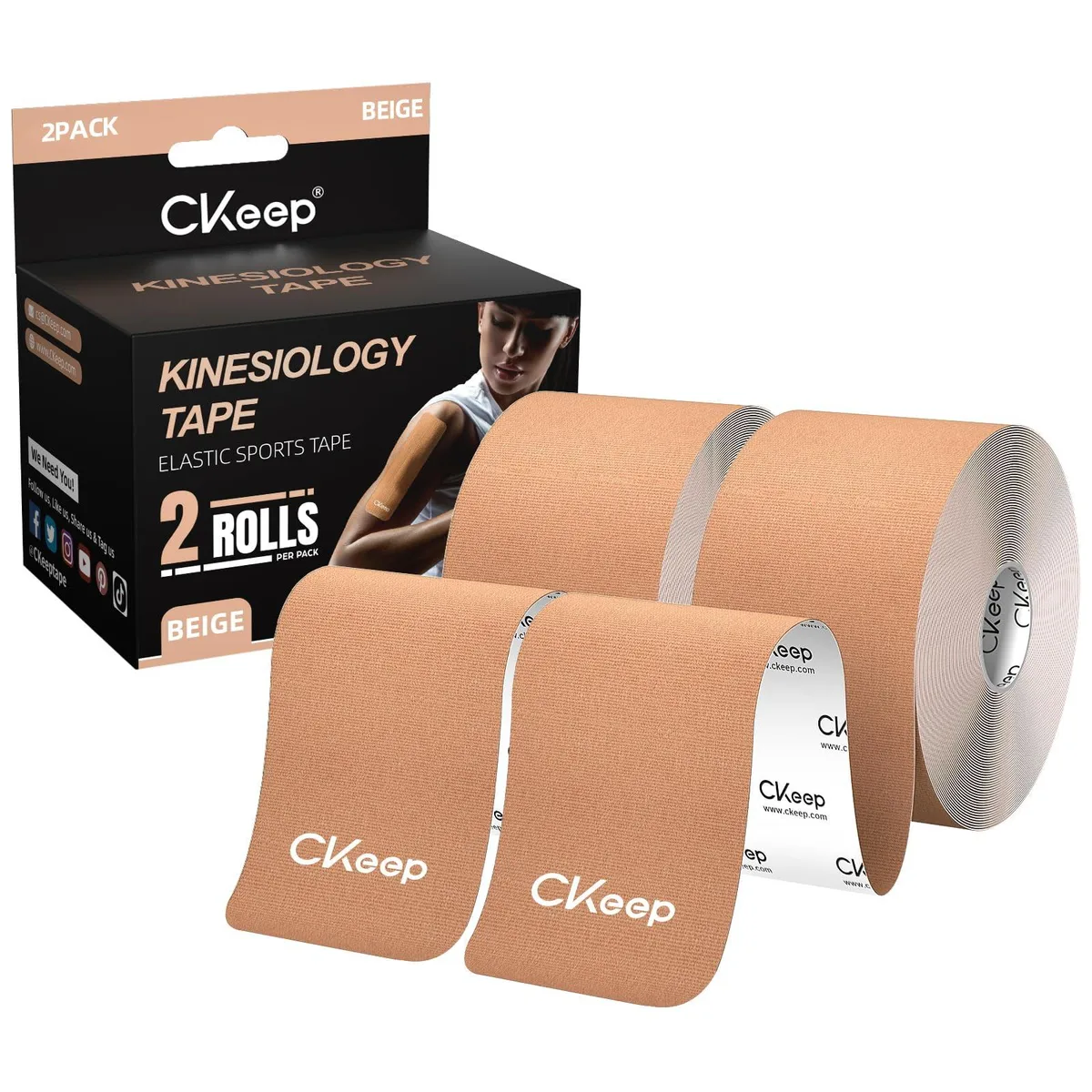 Two beige rolls of uncut kinesiology tape on a matte surface