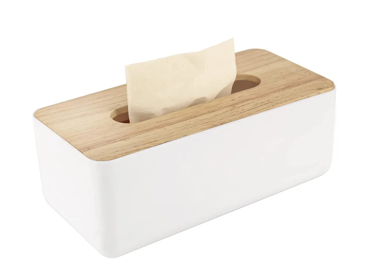 Wooden rectangular tissue box cover with oak wood effect finish, 10.2 x 5.1 x 4.5 inch