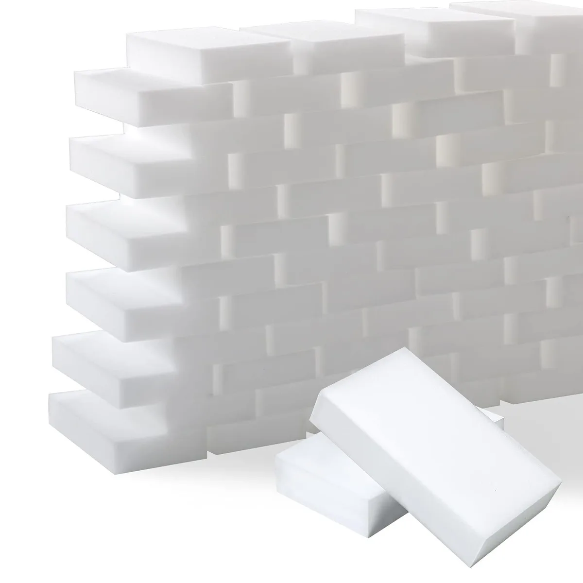 White rectangular melamine foam sponges, 50 pack, 3.9 by 2.4 by .8 inches