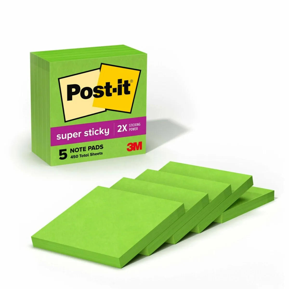 Five square pads of lime-green sticky notes in a paperboard box