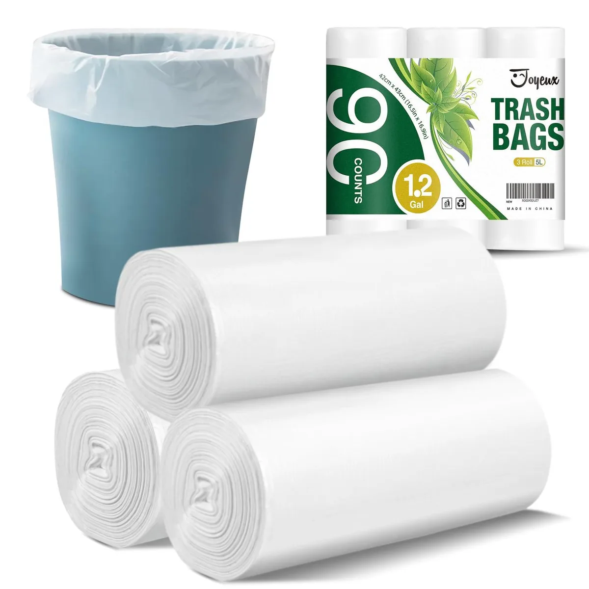 Clear polyethylene trash bags on three perforated rolls, 90 count total