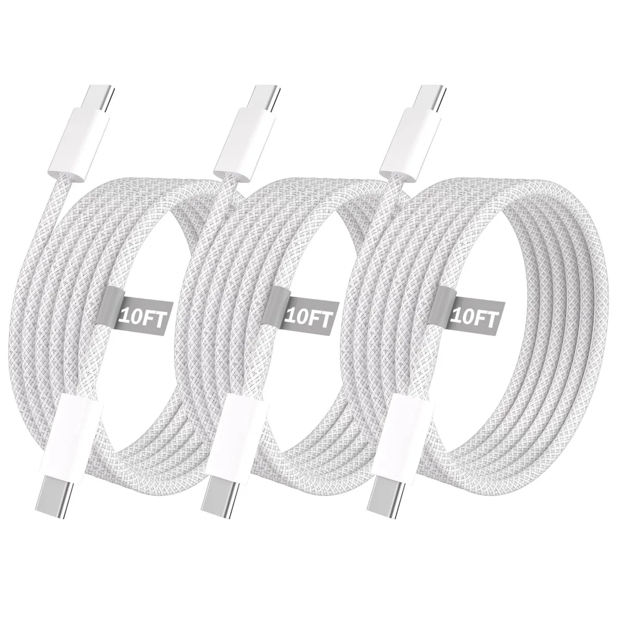 Three white nylon-braided USB-C cables coiled together, 10 ft each