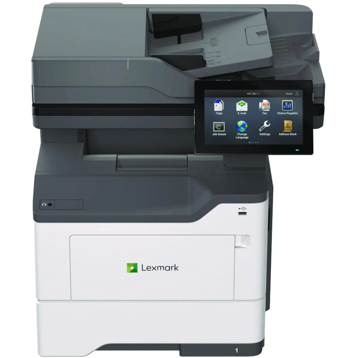 White rectangular laser multifunction printer with top document feeder and front control panel