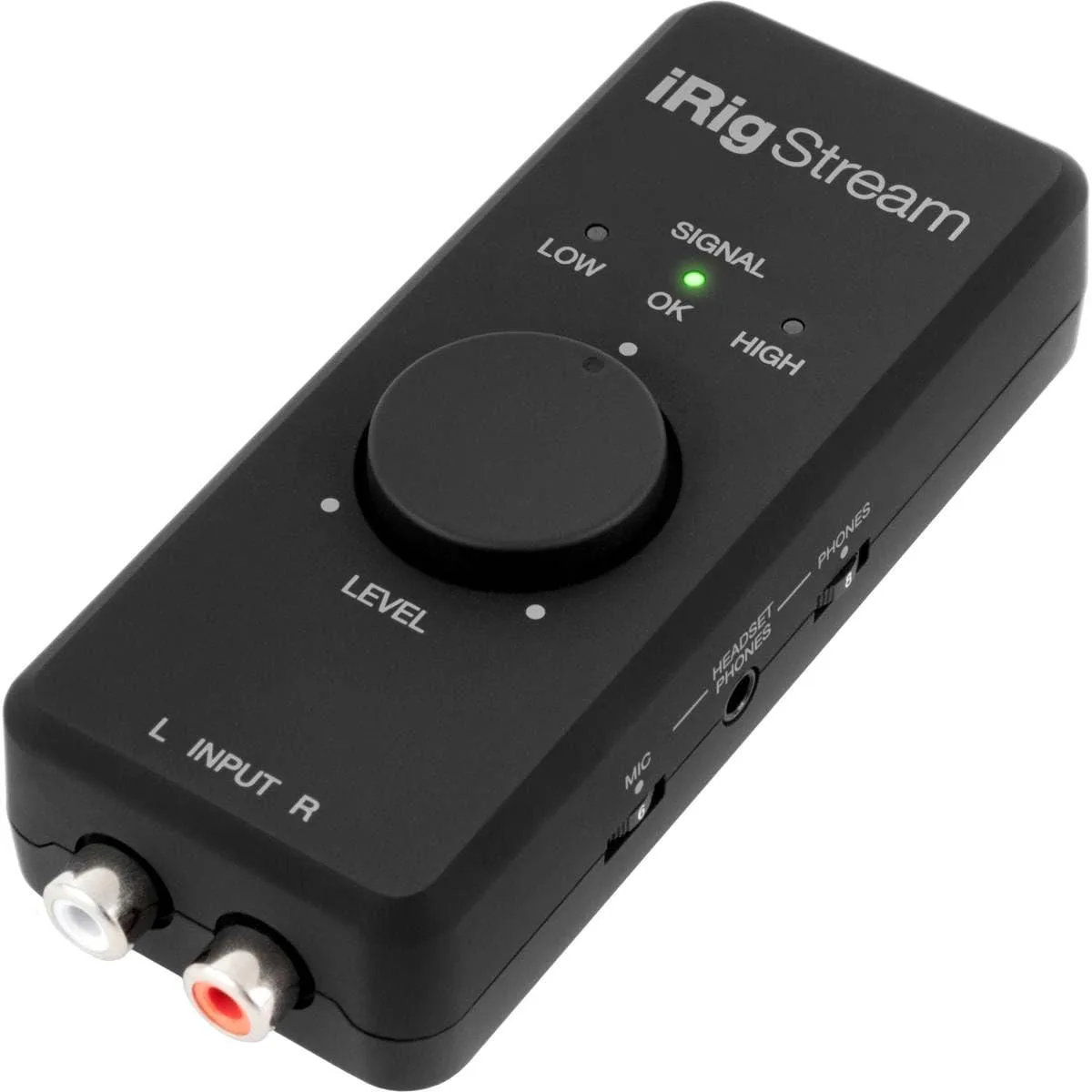 Small rectangular audio interface with RCA inputs and USB ports, matte black finish