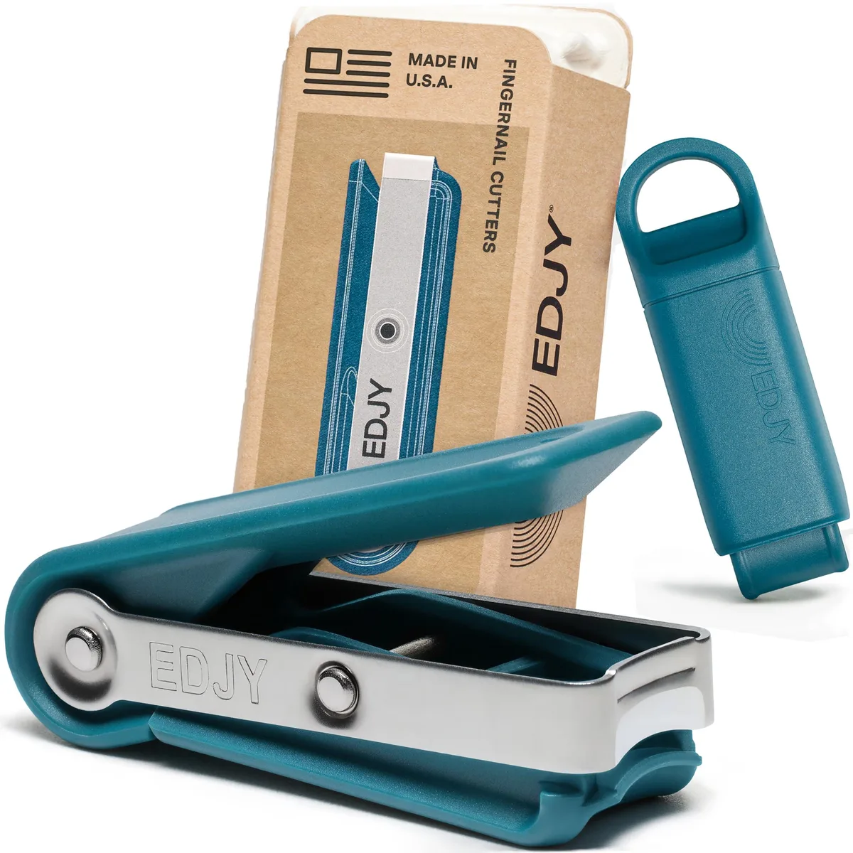 Blue stainless steel fingernail trimmer with compound curve blade and ergonomic lever