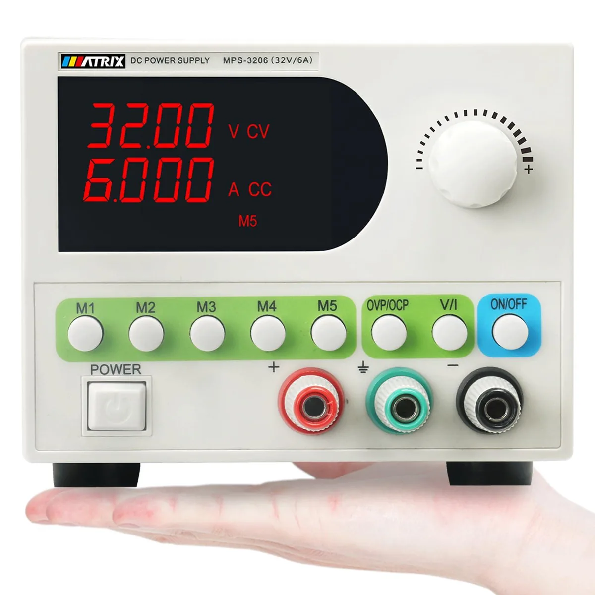 Rectangular bench power supply, dark metal case, front encoder knob and four-digit LED display
