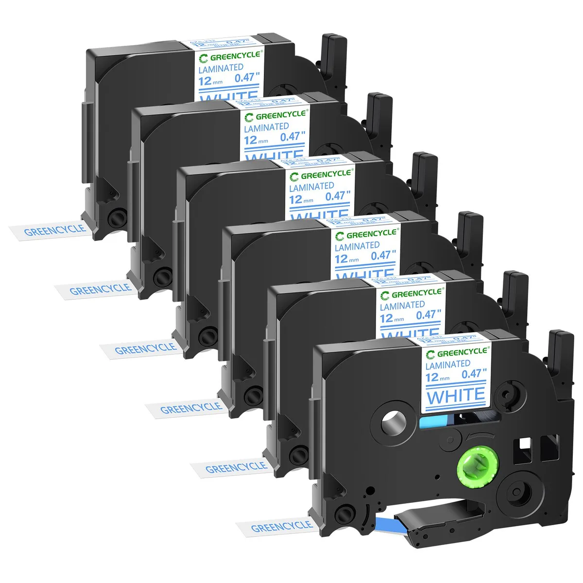 GREENCYCLE GREENCYCLE TZe-233 12mm Blue on White Laminated Tape 6 Pack — product photo
