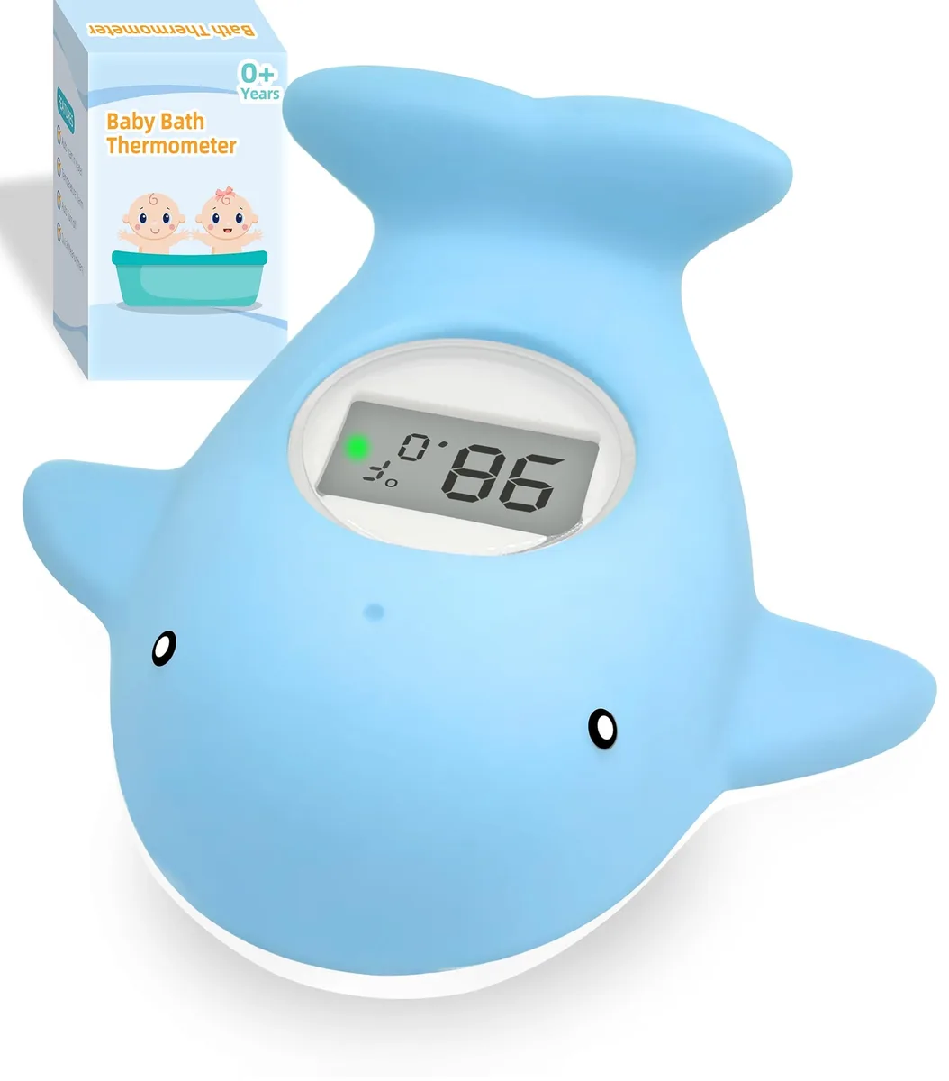 Blue whale-shaped floating bath thermometer with LCD screen